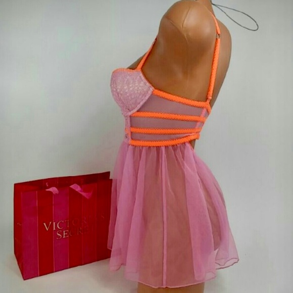 Victoria’s Secret Pink & Orange Lace Babydoll Push-Up Bustier Lingerie Teddy - Picture 13 of 16